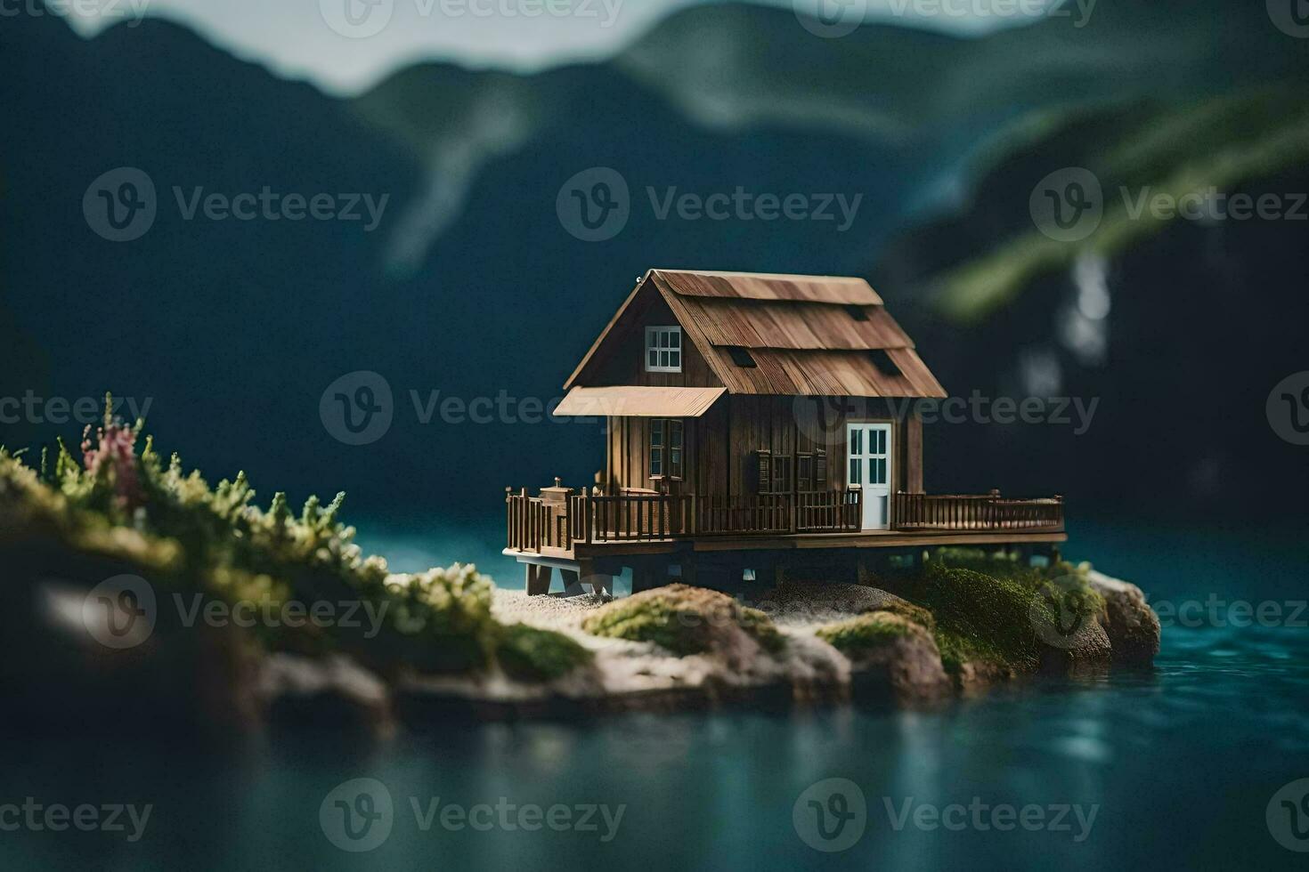 ein Miniatur Haus auf ein klein Insel im das Mitte von ein See. KI-generiert foto