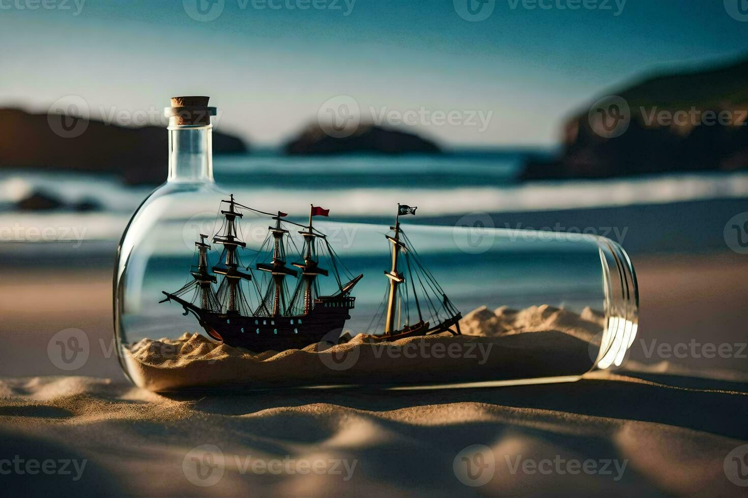 ein Schiff im ein Flasche auf das Strand. KI-generiert foto