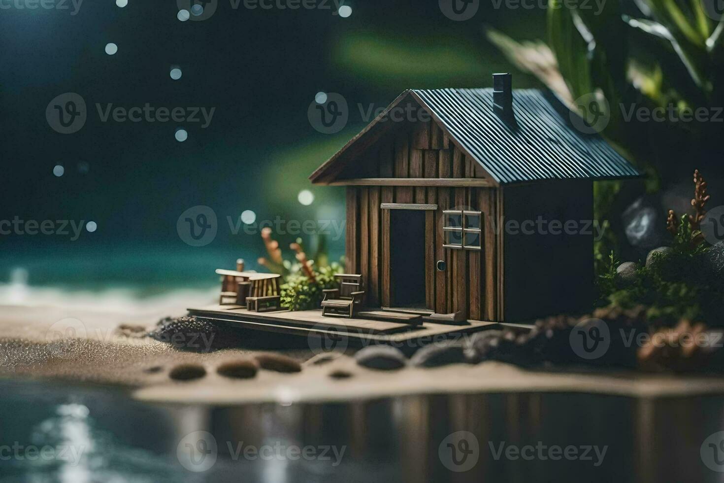 ein Miniatur Haus auf das Strand beim Nacht. KI-generiert foto