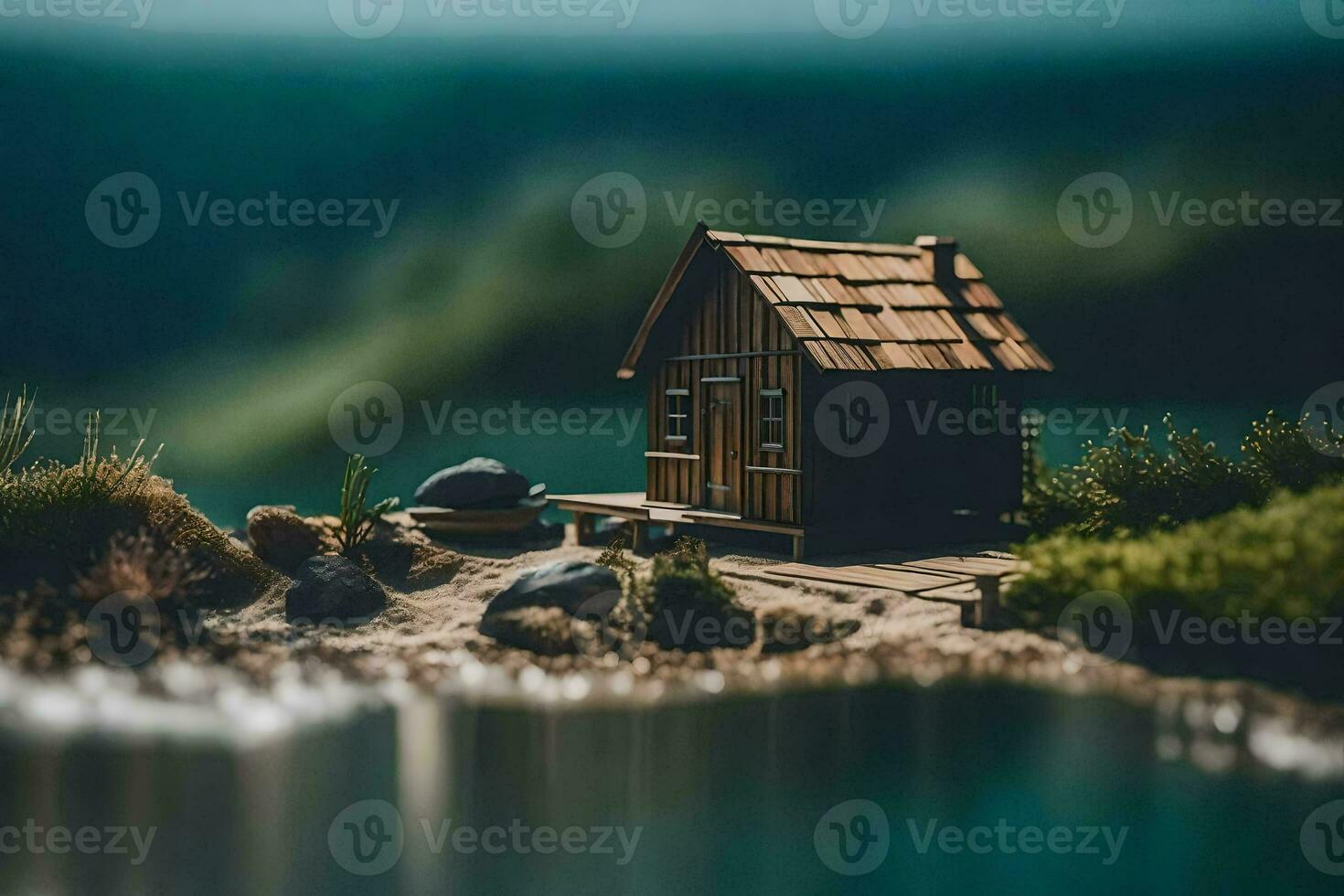 winzig Haus auf das See. KI-generiert foto