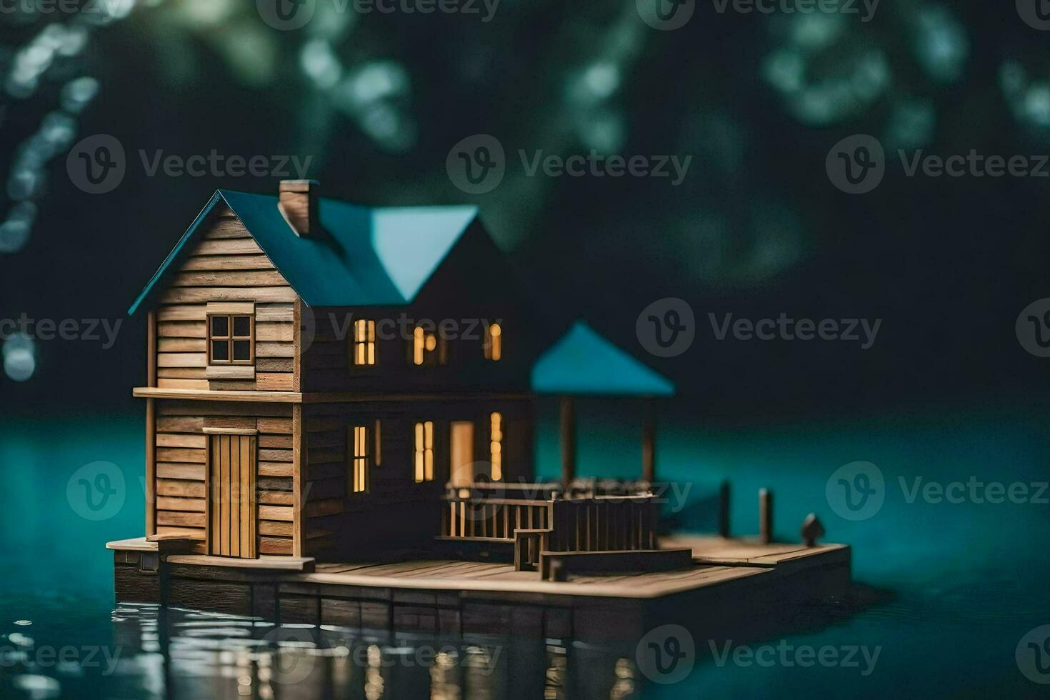 ein Miniatur Haus schwebend auf das Wasser. KI-generiert foto