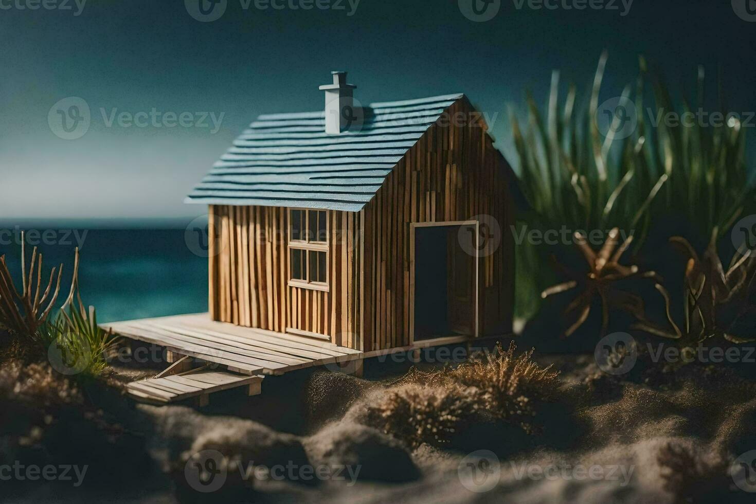 ein Miniatur hölzern Haus auf das Strand. KI-generiert foto