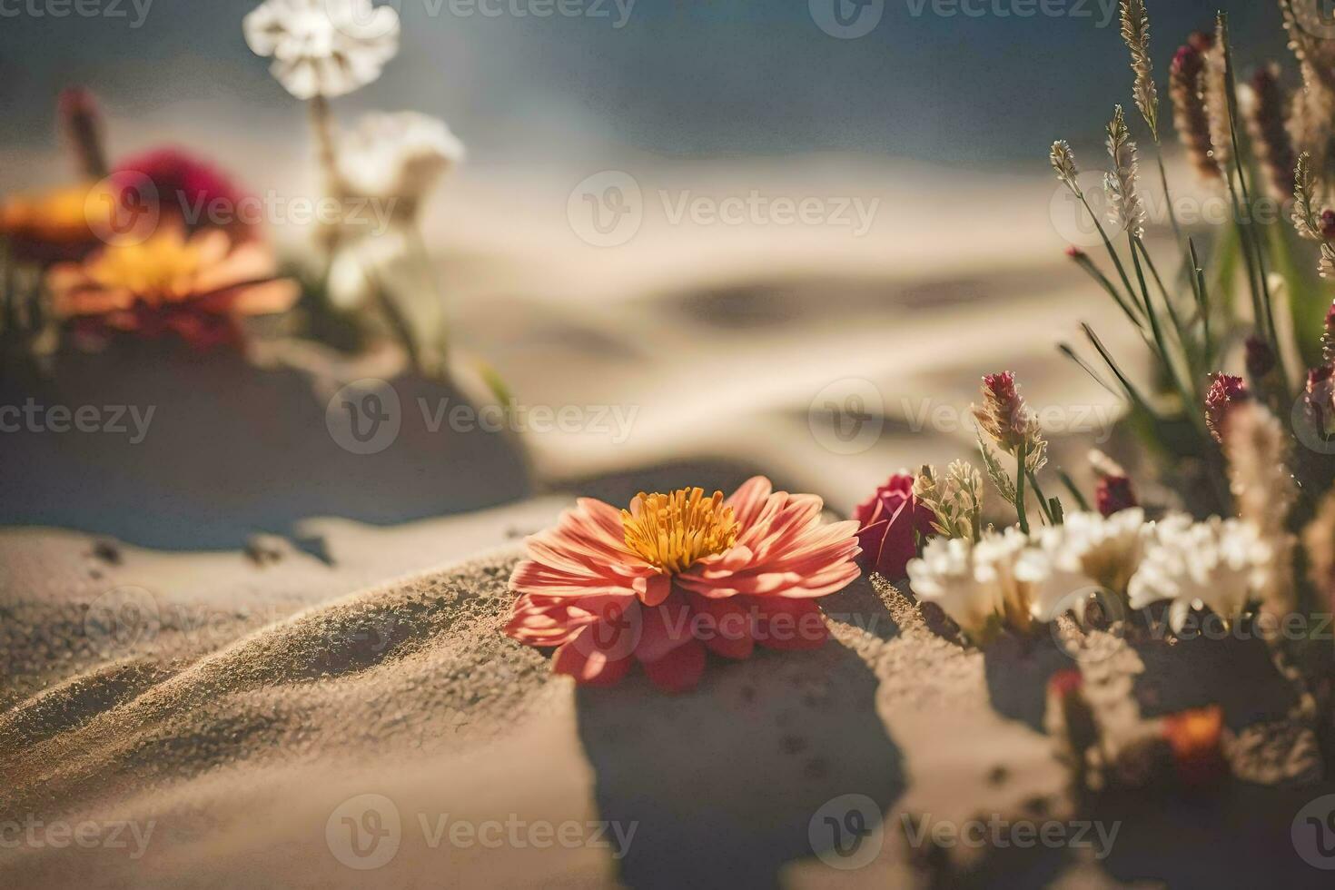 Foto Hintergrund Sand, Blumen, das Sonne, das Sand, Blumen, das Wüste, Blumen,. KI-generiert