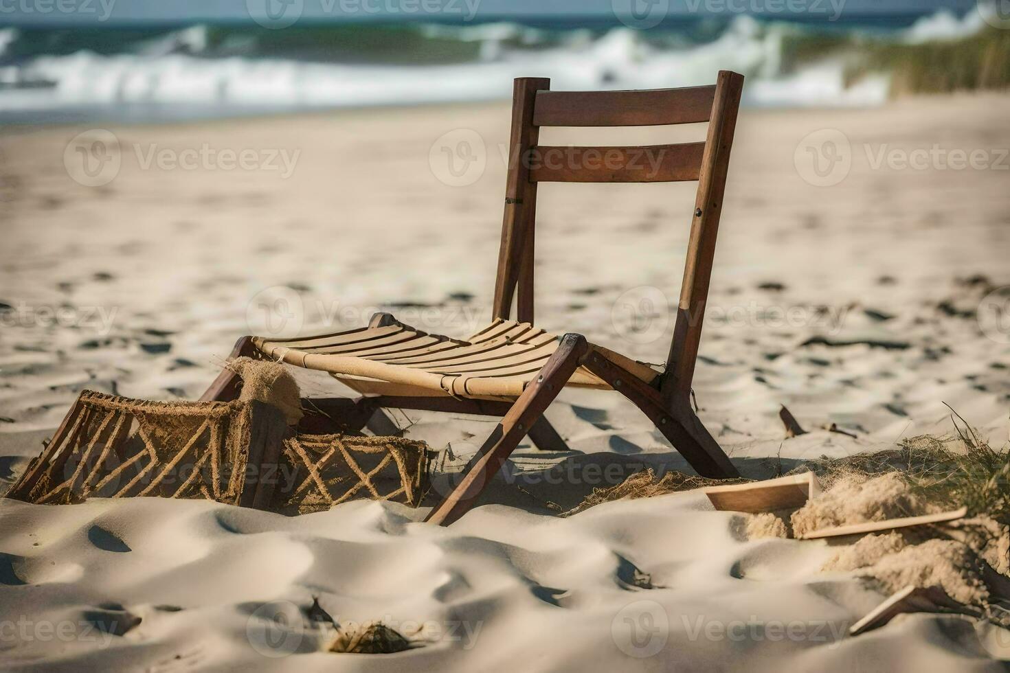 ein Stuhl sitzt auf das Sand in der Nähe von das Ozean. KI-generiert foto