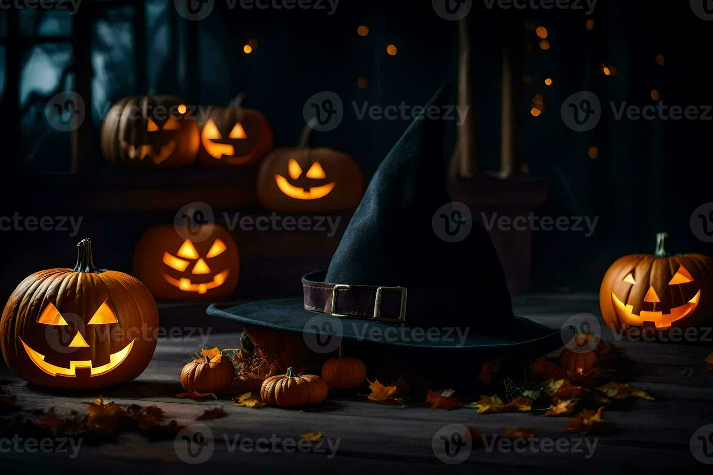 Halloween Kürbisse und ein Hexe Hut. KI-generiert foto