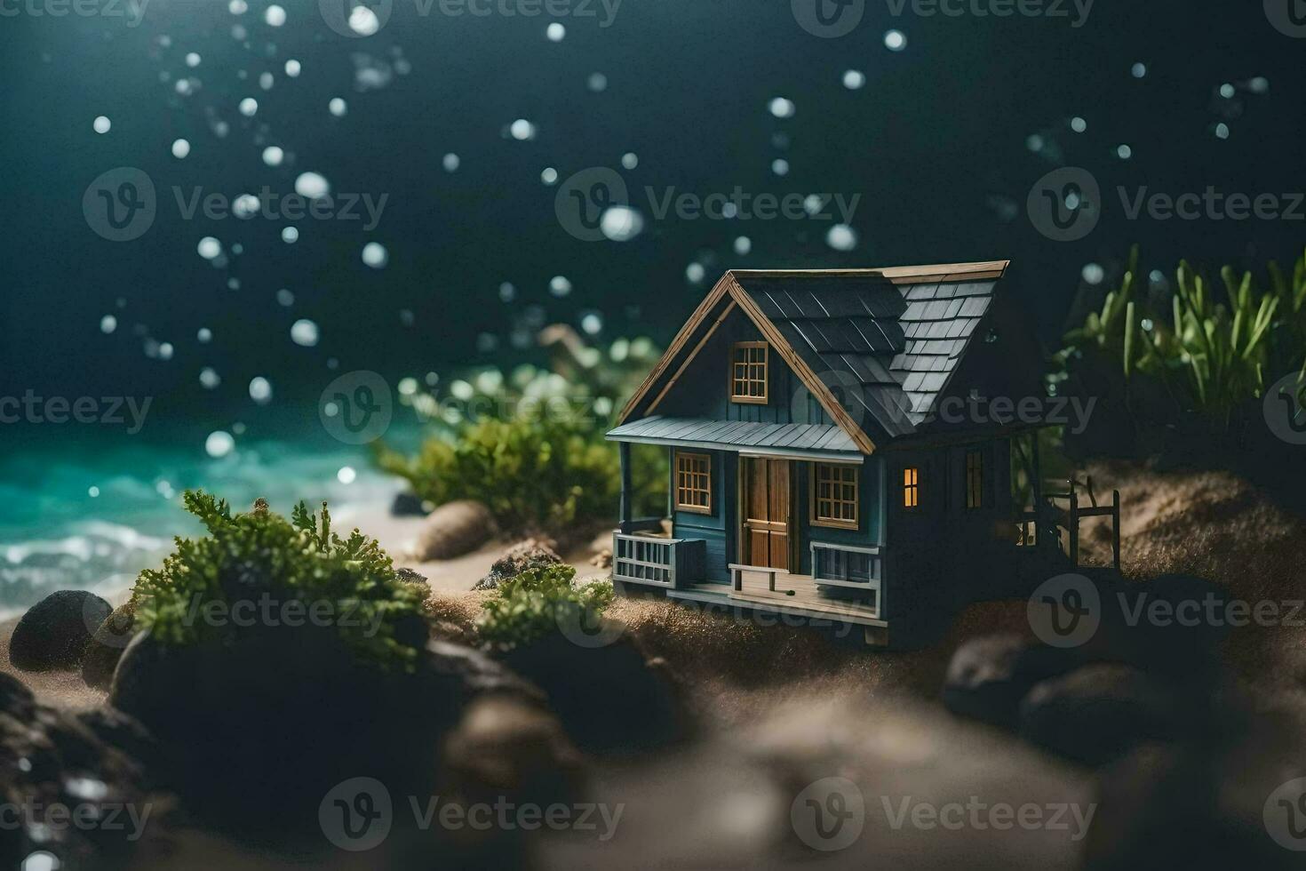 ein Miniatur Haus auf das Strand mit Regentropfen. KI-generiert foto