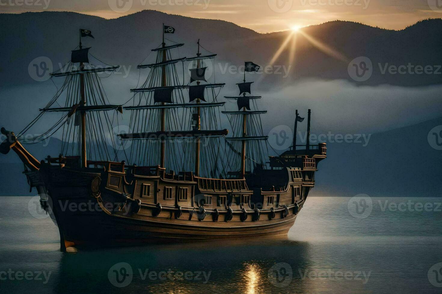 ein Pirat Schiff im das Ozean beim Sonnenuntergang. KI-generiert foto