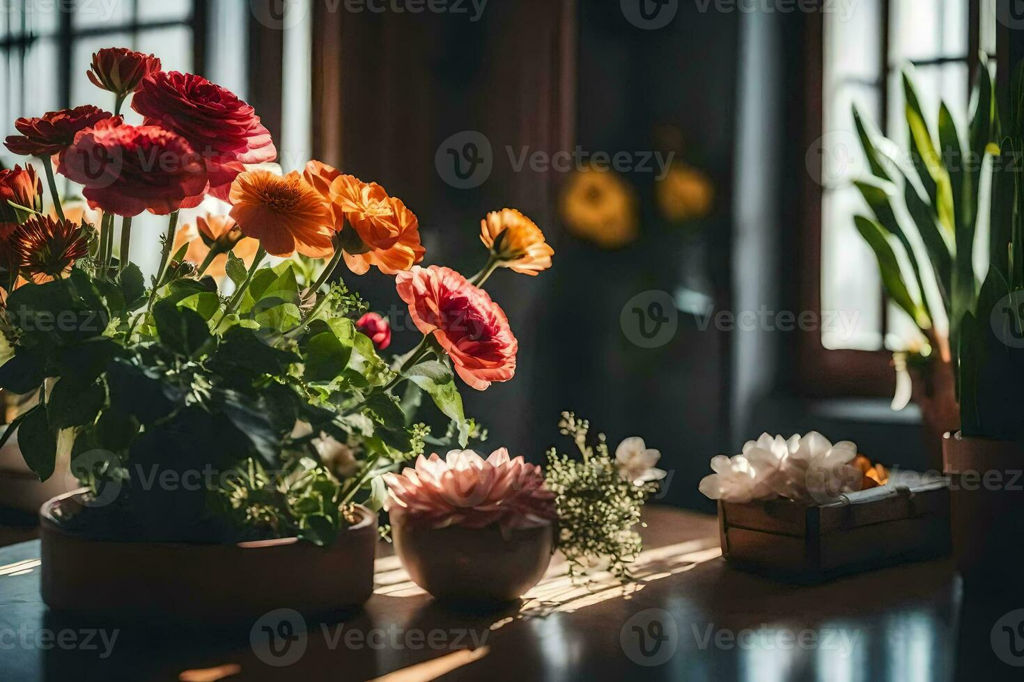 Blumen im Töpfe auf ein Tabelle im Vorderseite von ein Fenster. KI-generiert foto