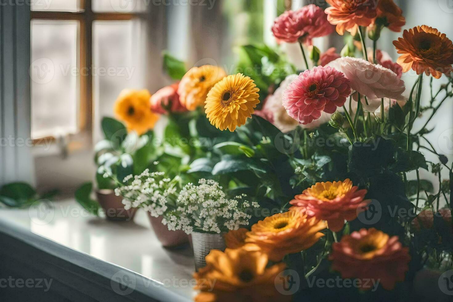 Blumen im Töpfe auf ein Fensterbrett. KI-generiert foto