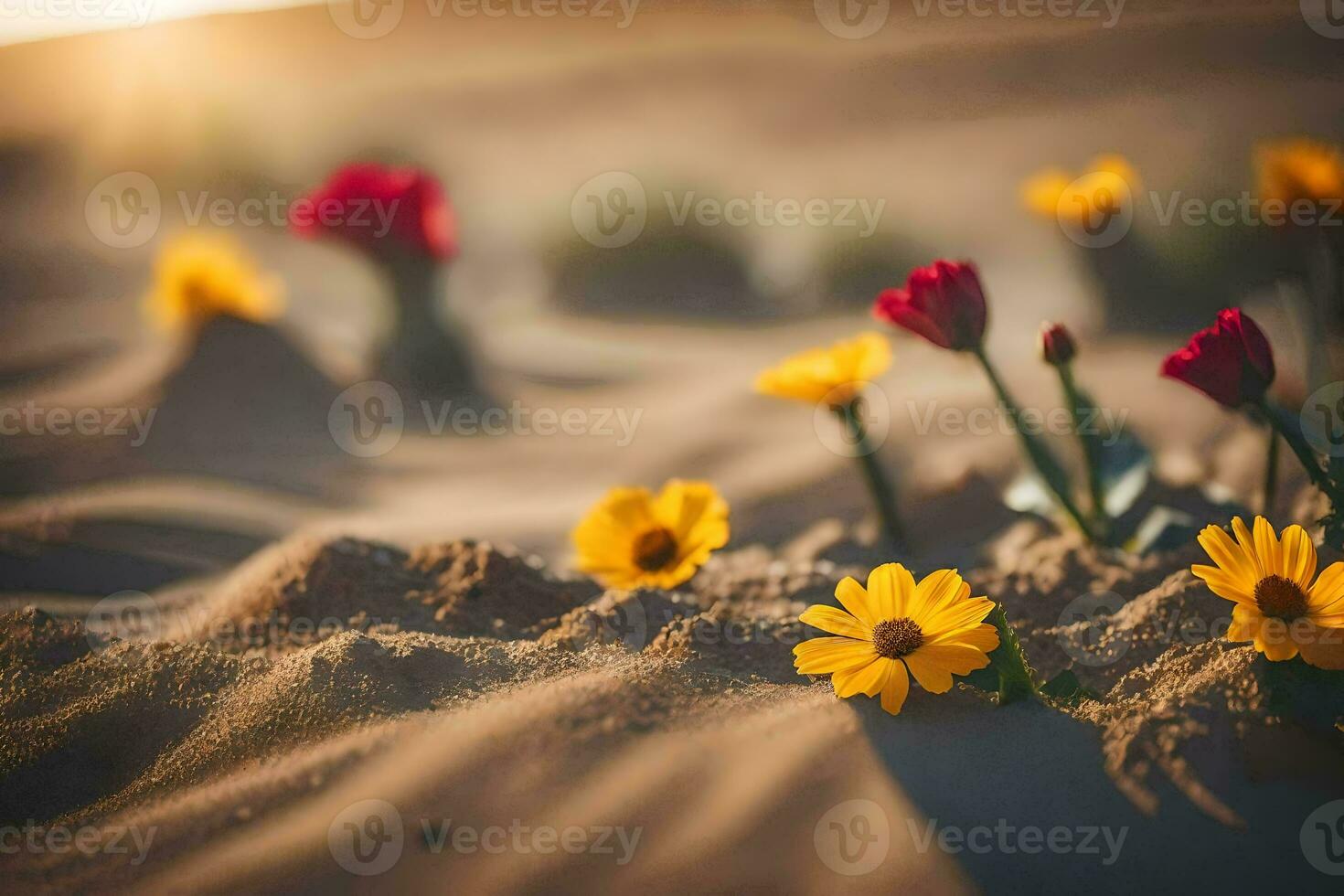 Foto Hintergrund Sand, Blumen, das Wüste, das Sonne, Blumen, das Wüste, das Sonne. KI-generiert