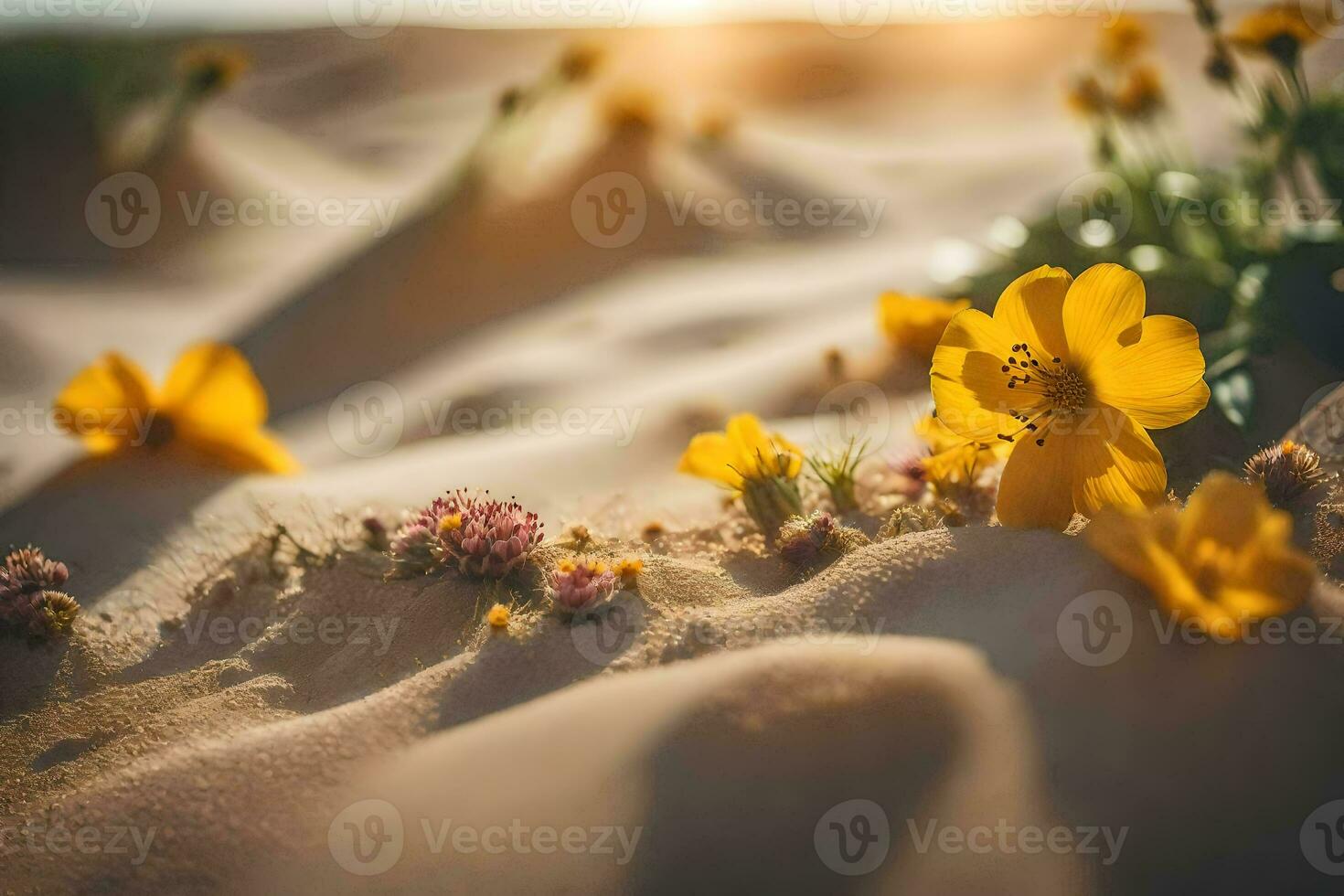 Foto Hintergrund das Wüste, Blumen, Sand, das Sonne, Blumen, Sand, das Wüste,. KI-generiert