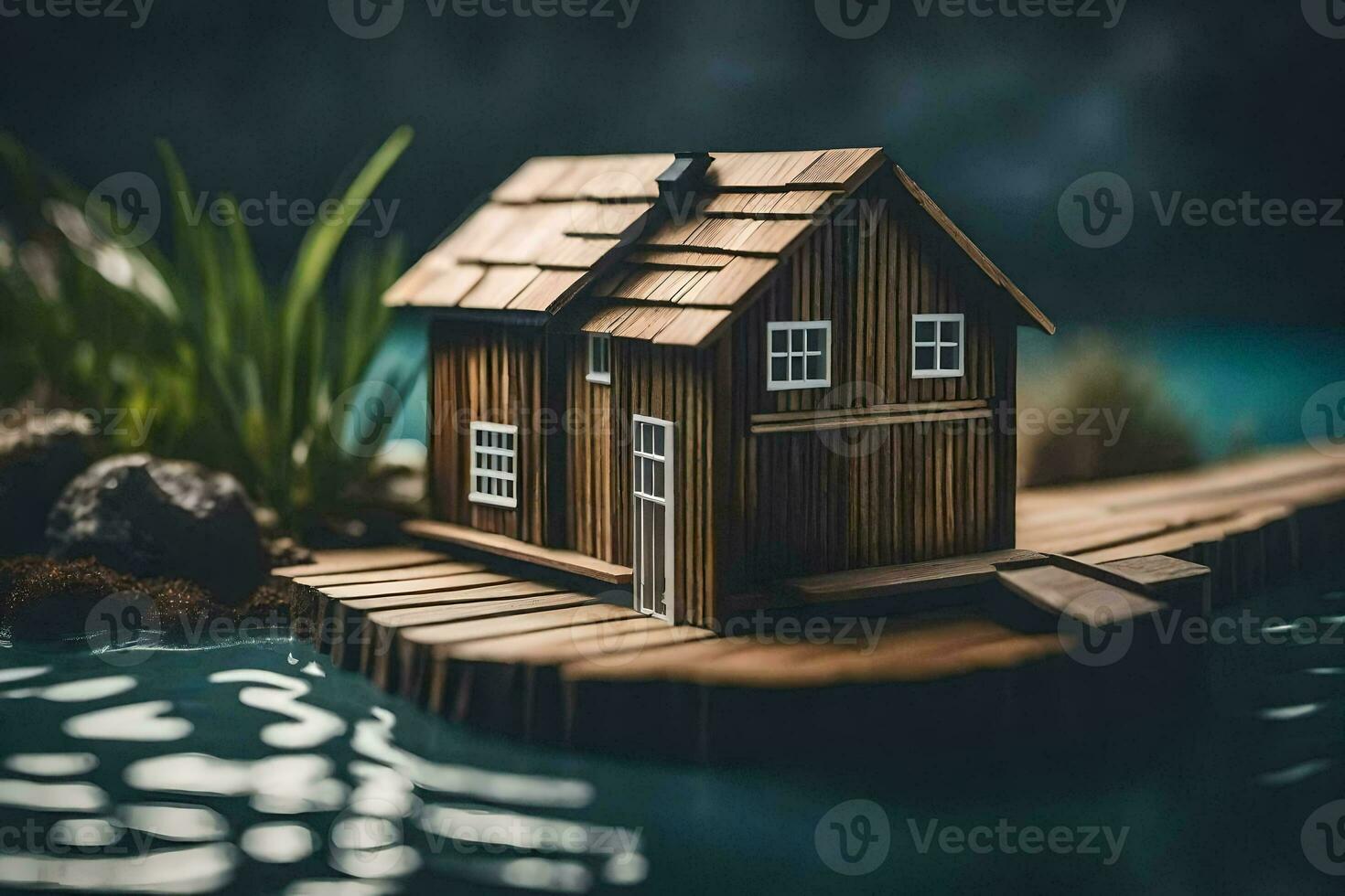 ein Miniatur Haus auf ein klein Insel im das Wasser. KI-generiert foto