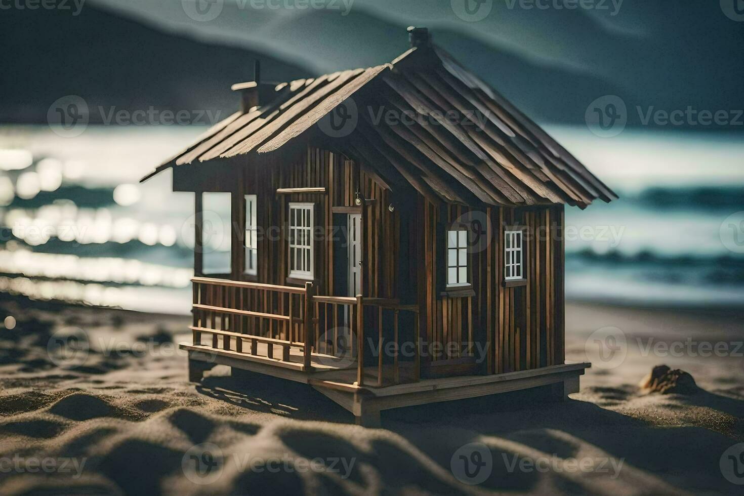 ein Miniatur hölzern Haus auf das Strand. KI-generiert foto