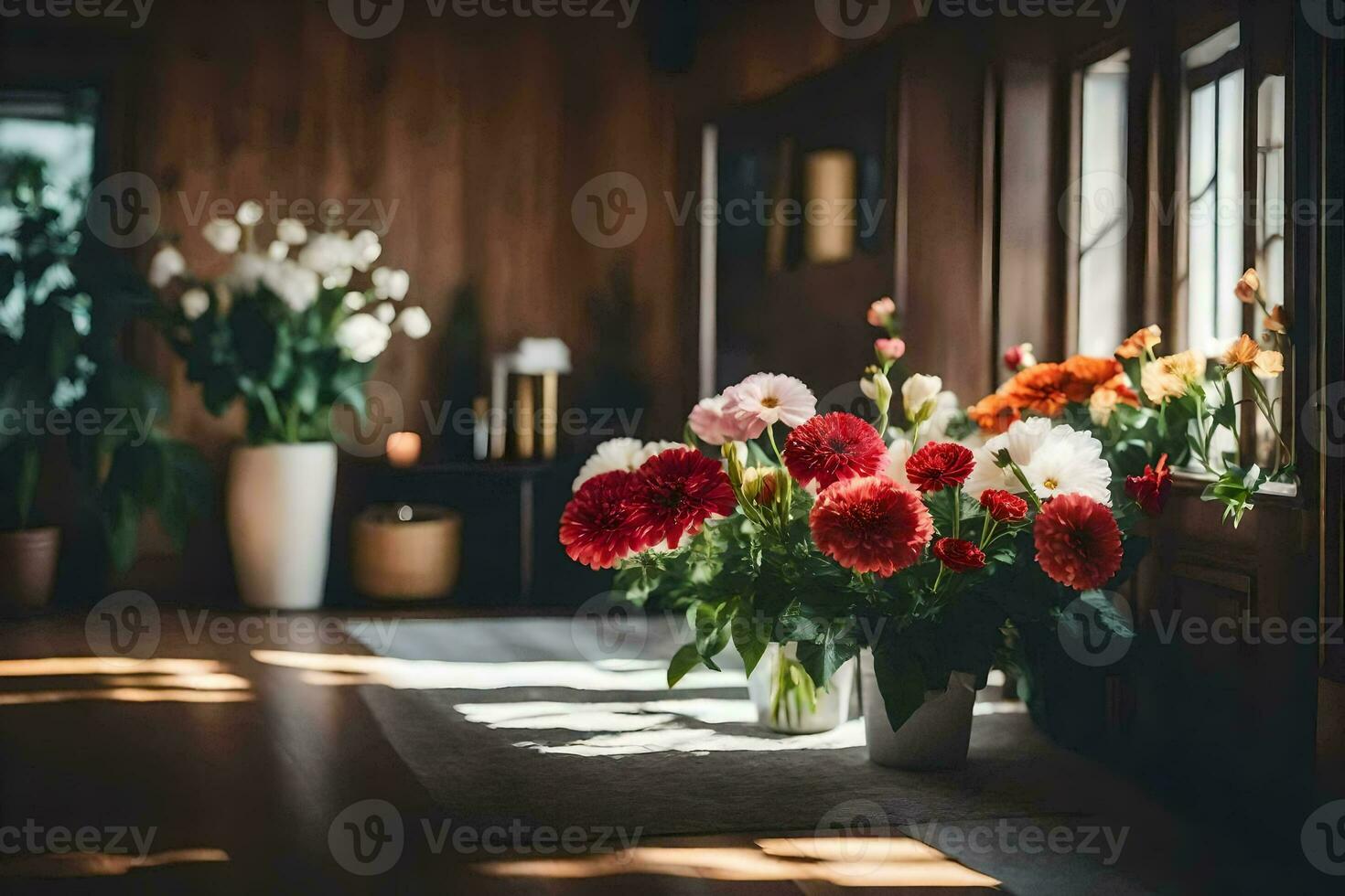 Blumen im Vasen auf das Fußboden im ein Zimmer. KI-generiert foto