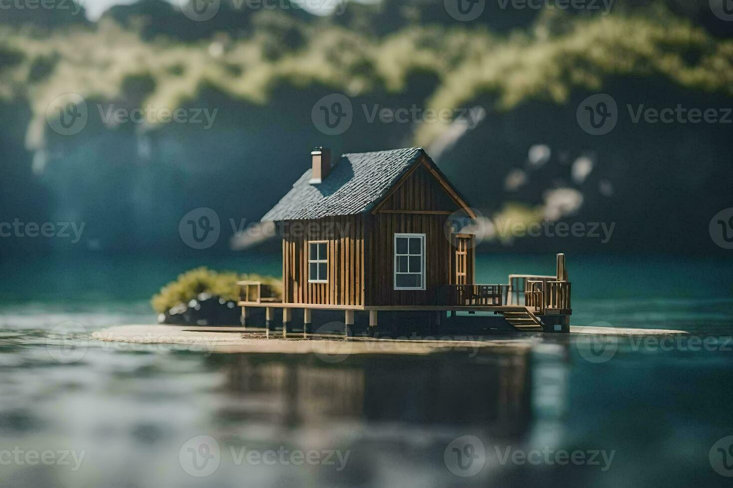 ein winzig Haus auf ein klein Insel im das Mitte von das Wasser. KI-generiert foto