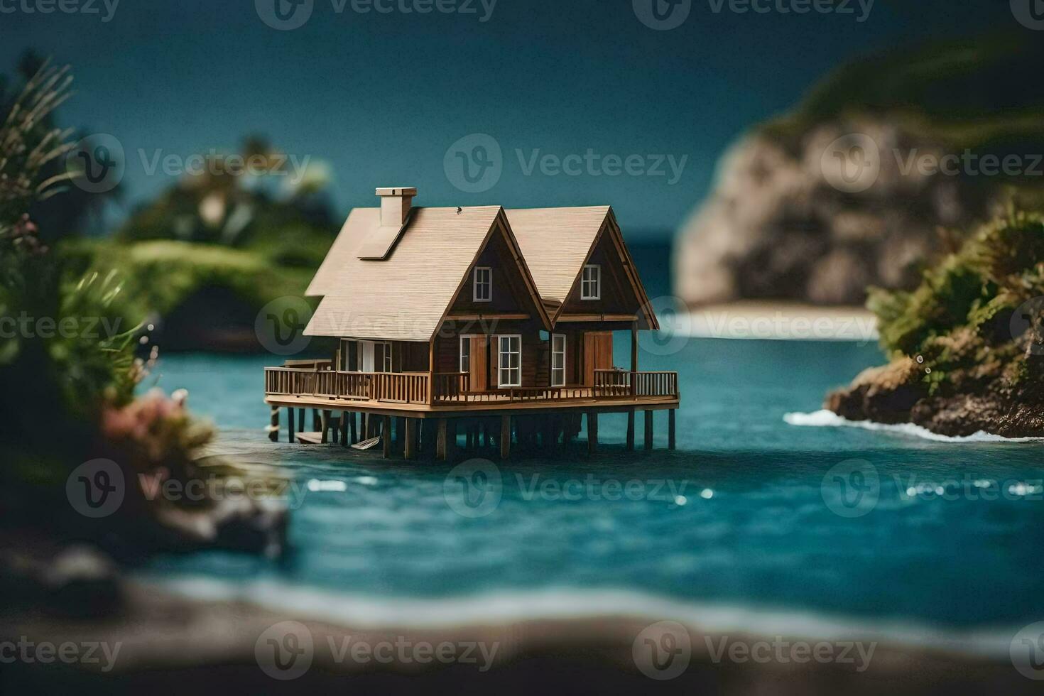 ein Miniatur Haus auf ein Seebrücke durch das Ozean. KI-generiert foto