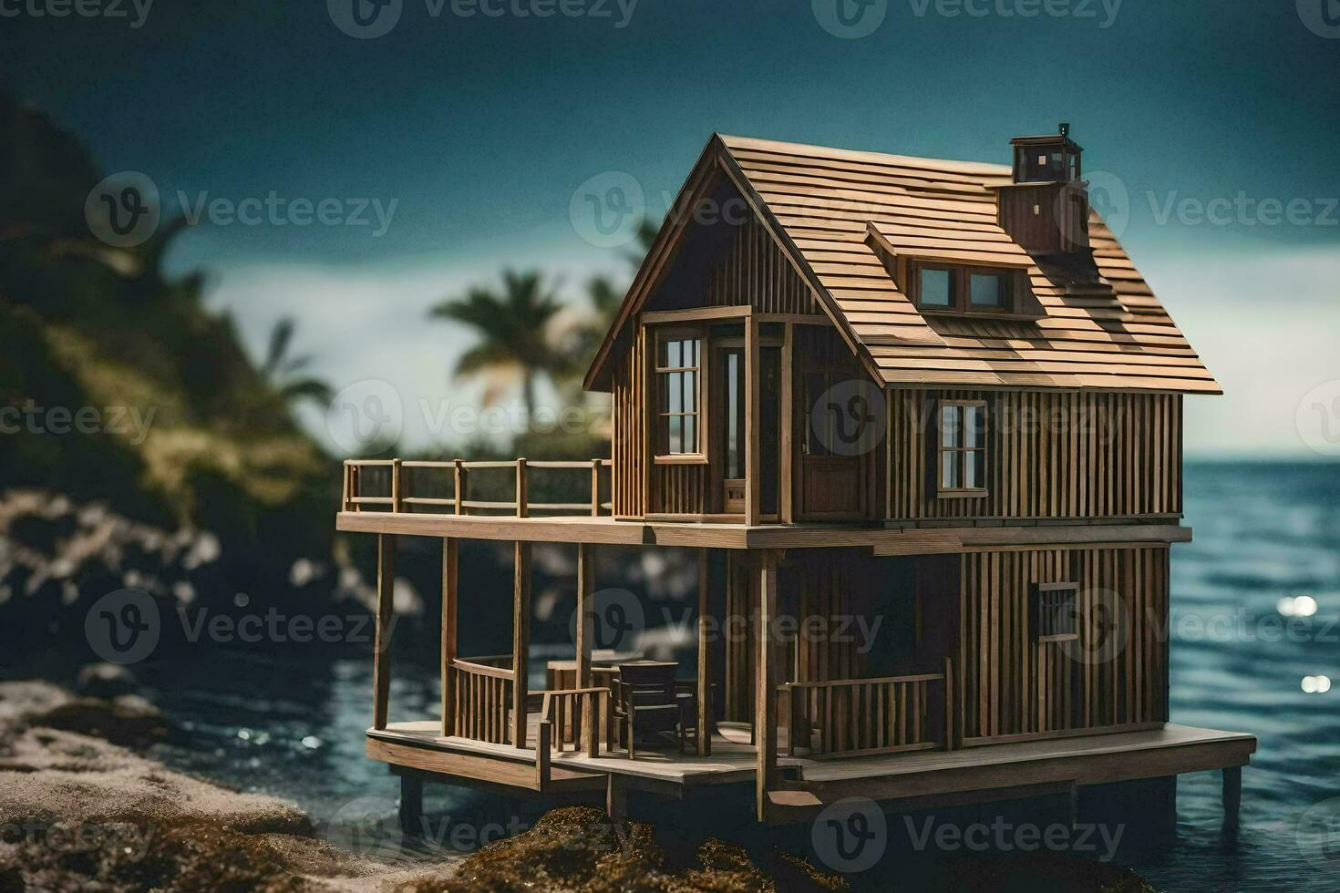 ein Miniatur Haus auf das Strand durch das Ozean. KI-generiert foto