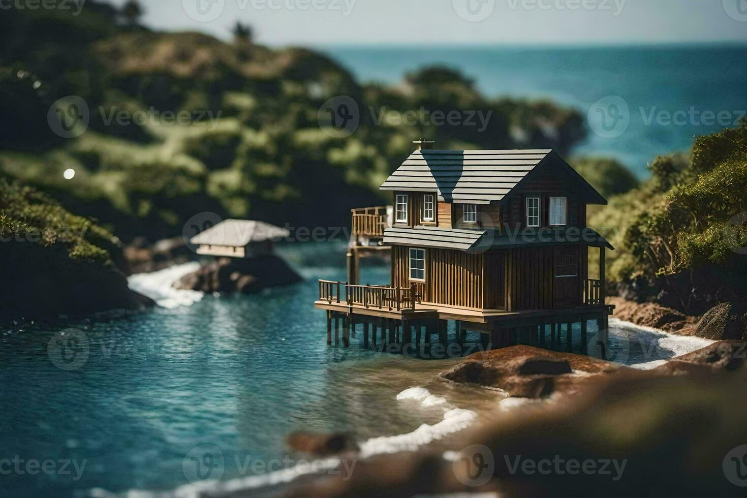 ein Miniatur Haus auf ein klein Insel durch das Wasser. KI-generiert foto