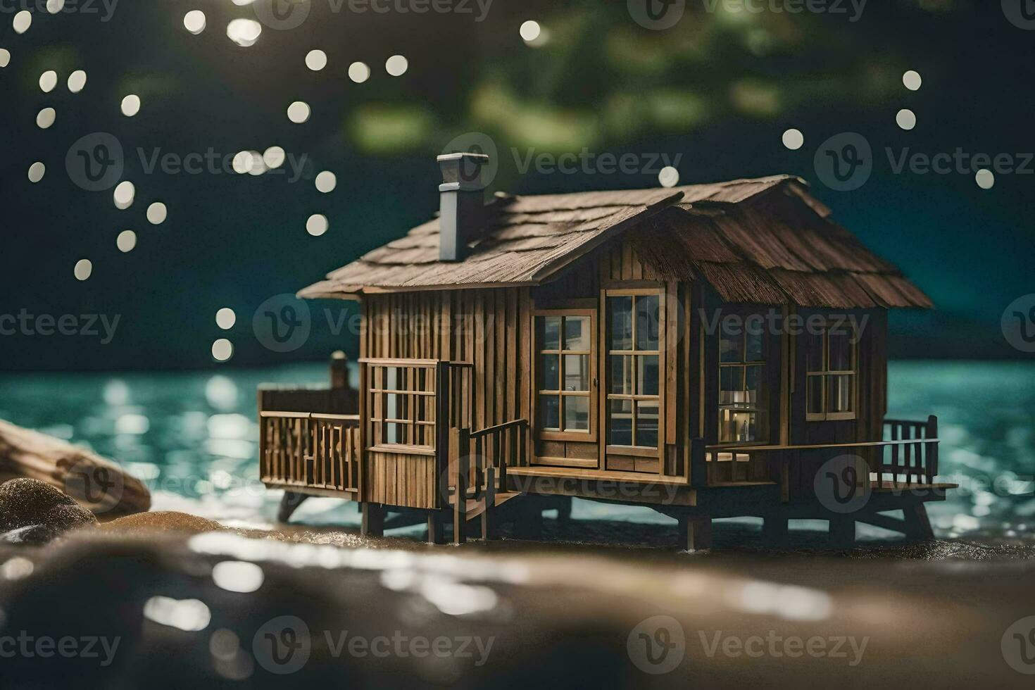 ein Miniatur Haus auf das Ufer von ein See. KI-generiert foto