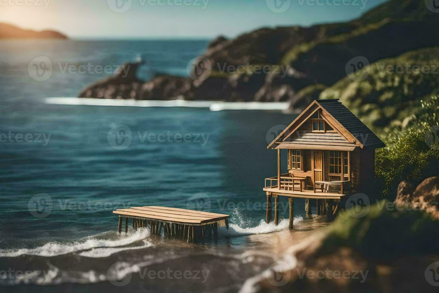 ein Miniatur Haus auf das Strand durch das Ozean. KI-generiert foto