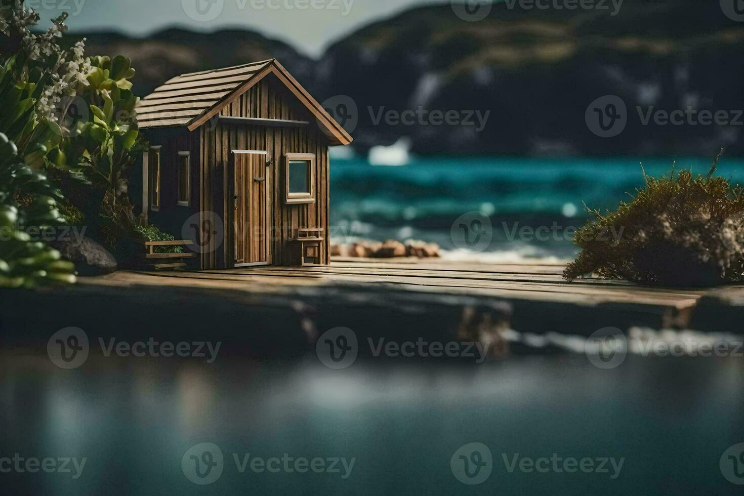 ein Miniatur Haus auf ein Dock in der Nähe von das Ozean. KI-generiert foto