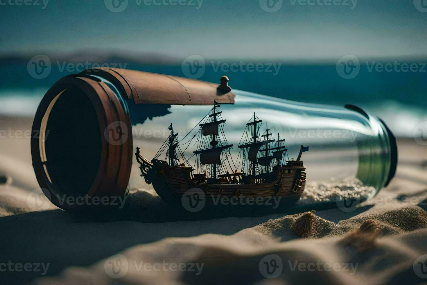 ein Schiff im ein Flasche auf das Strand. KI-generiert foto