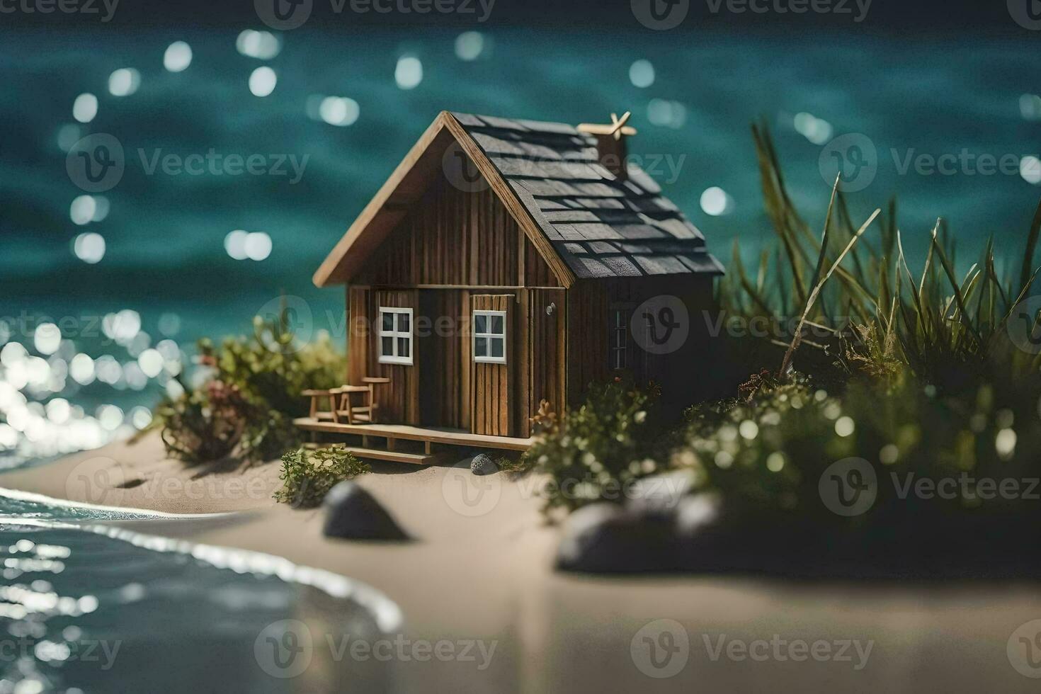 ein Miniatur Haus auf das Strand beim Nacht. KI-generiert foto