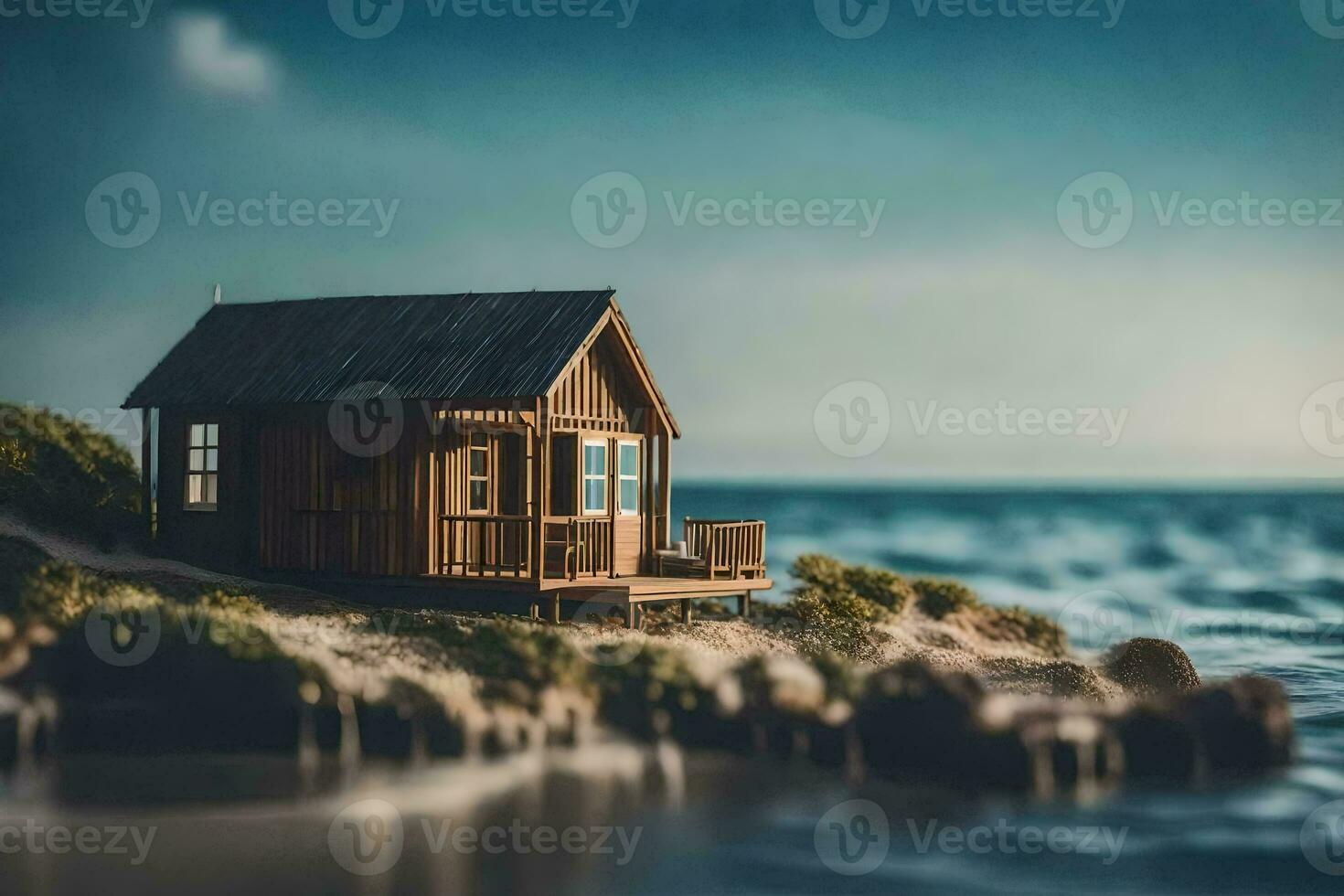 ein winzig hölzern Haus auf das Strand. KI-generiert foto