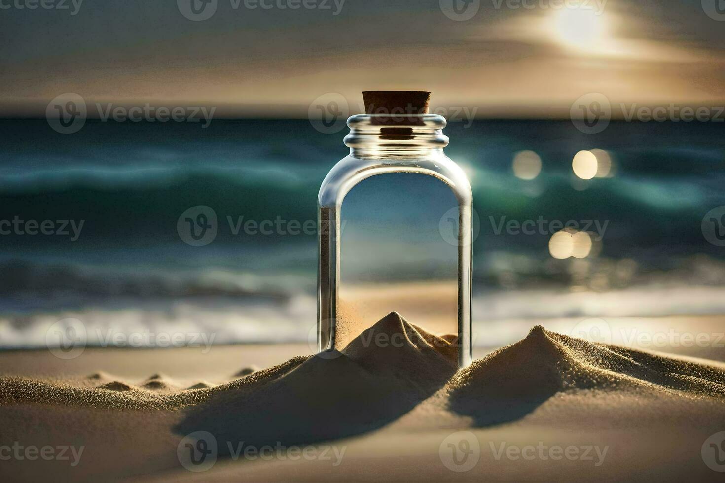 ein Botschaft im ein Flasche auf das Strand. KI-generiert foto