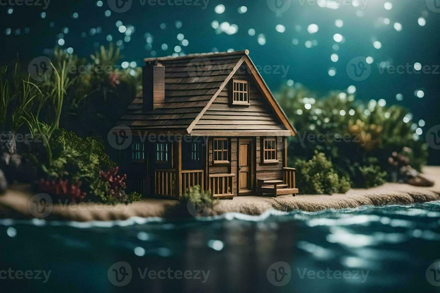 ein Miniatur Haus auf das Ufer von ein See. KI-generiert foto
