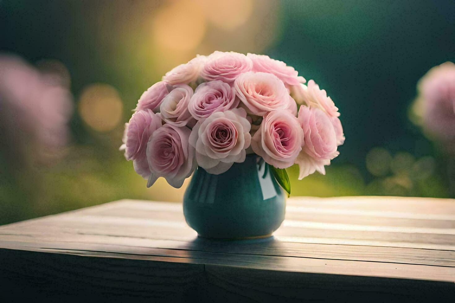 Rosa Rosen im ein Vase auf ein Tisch. KI-generiert foto