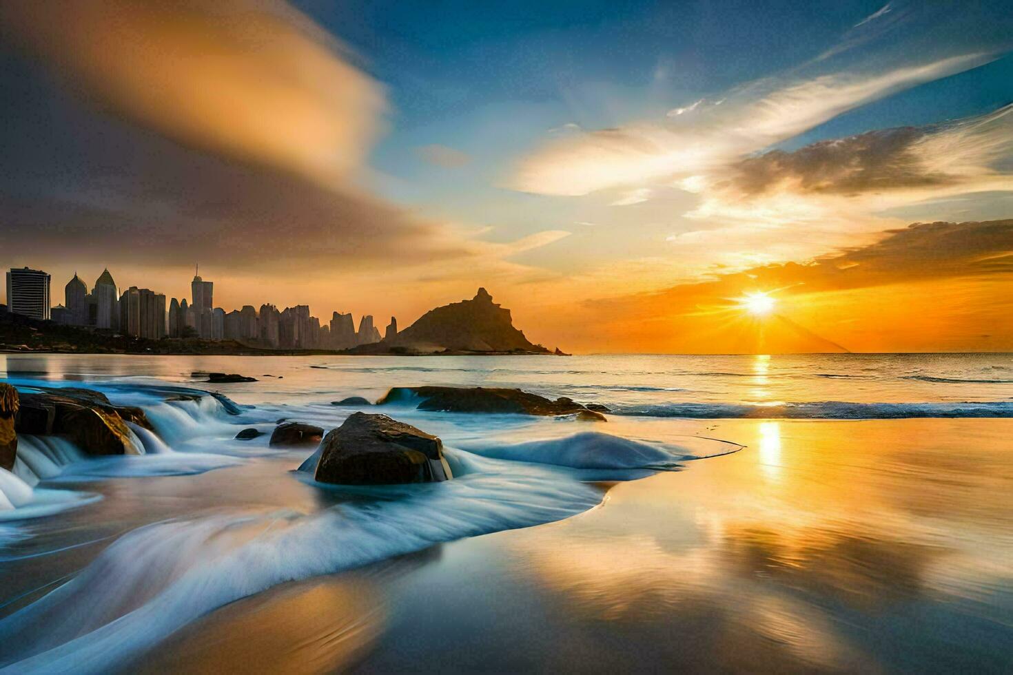 das Sonne setzt Über das Stadt Horizont und Wellen abstürzen auf das Strand. KI-generiert foto