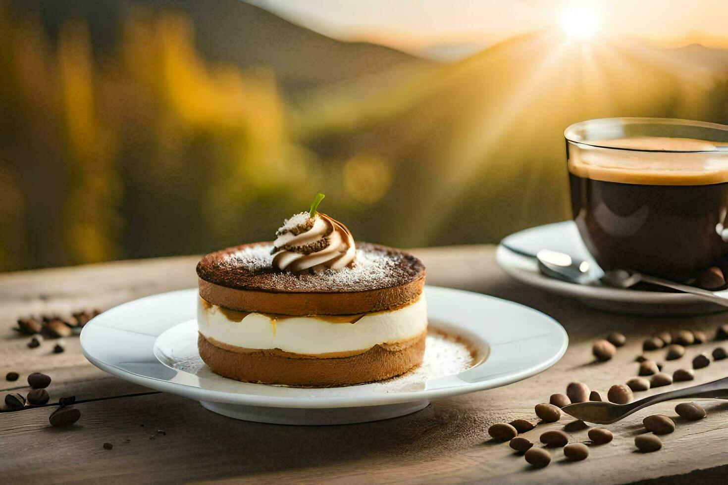 Kaffee und Dessert auf ein hölzern Tisch. KI-generiert foto