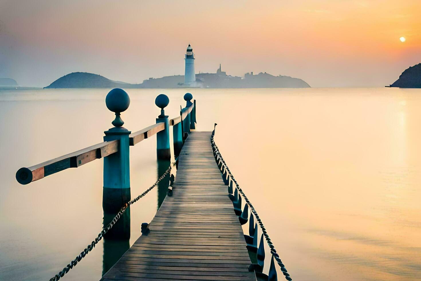 ein Seebrücke mit ein Leuchtturm im das Hintergrund. KI-generiert foto