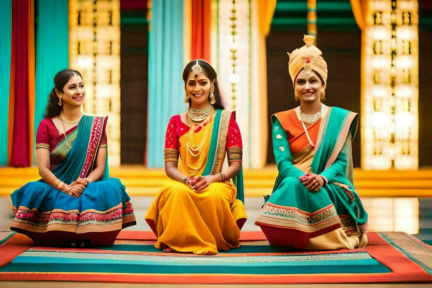 drei Frauen im bunt Saris Sitzung auf ein Teppich. KI-generiert foto