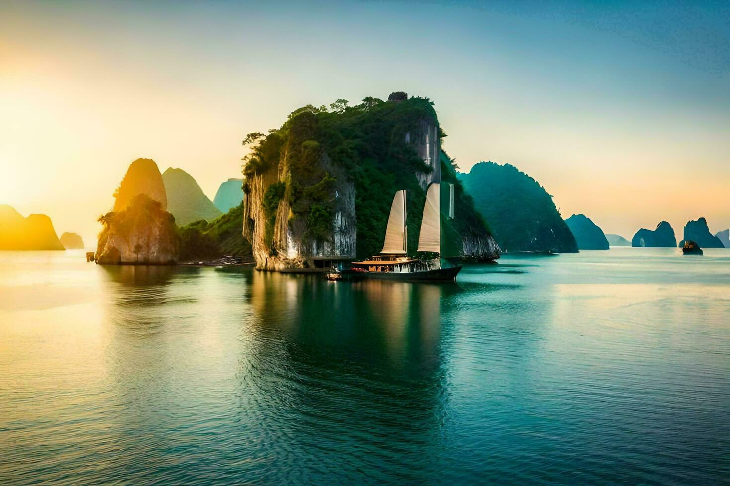 das Sonnenuntergang Über Halong Bucht. KI-generiert foto