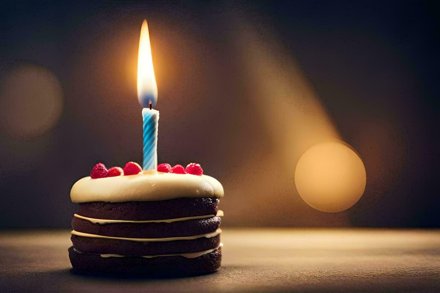 ein klein Geburtstag Kuchen mit ein zündete Kerze. KI-generiert foto