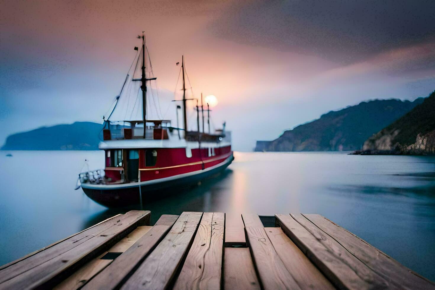 ein Boot ist angedockt beim das Ende von ein Seebrücke. KI-generiert foto