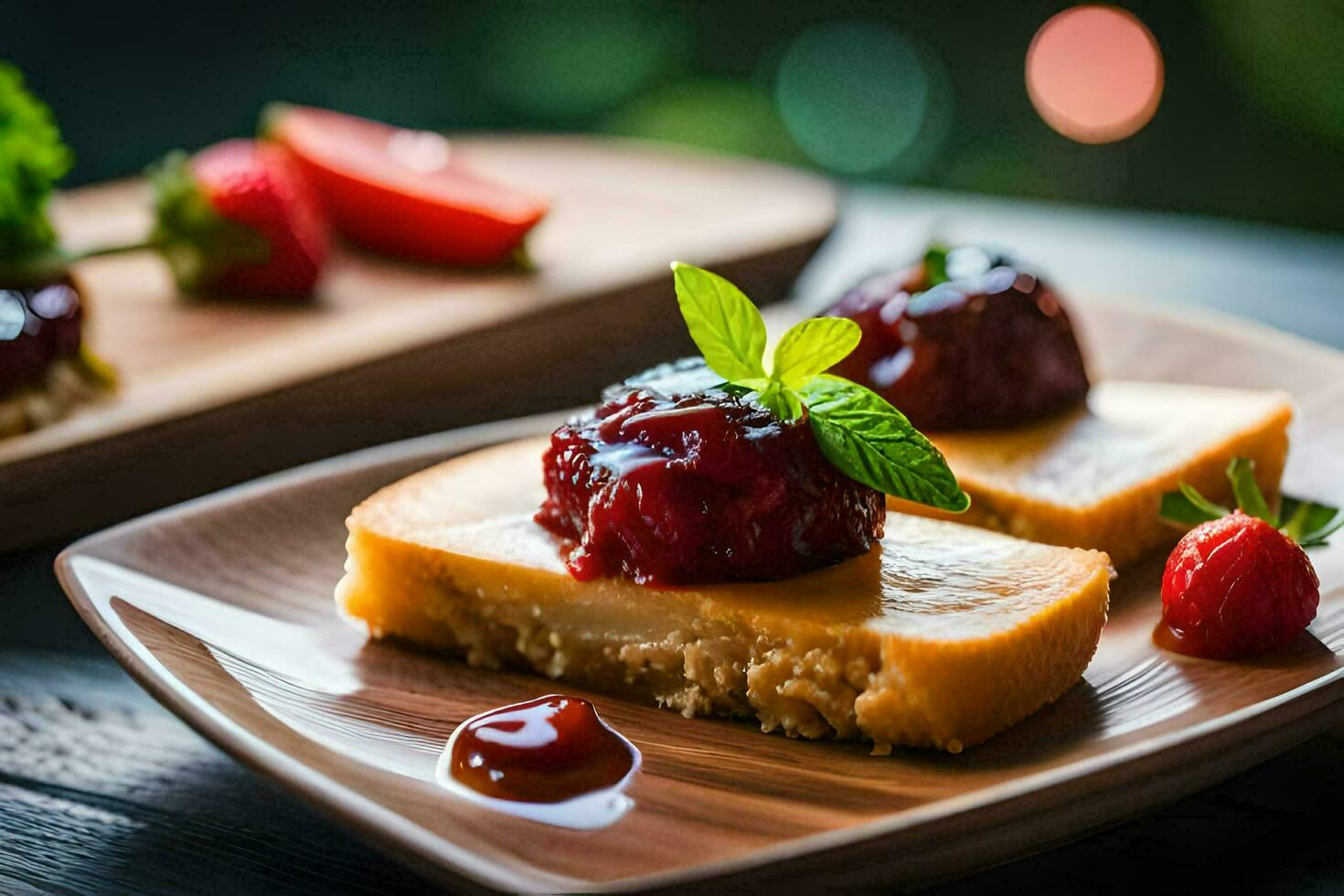 drei Stücke von Käsekuchen mit Erdbeeren auf oben. KI-generiert foto