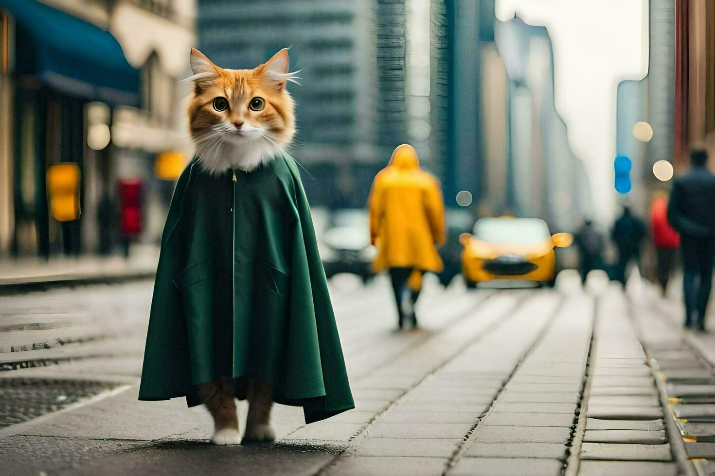 ein Katze tragen ein Grün Kap auf ein Stadt Straße. KI-generiert foto