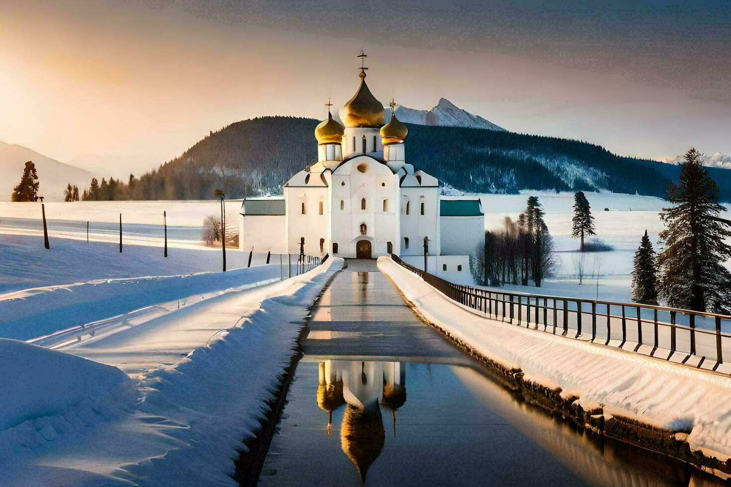 ein Kirche im das Schnee mit ein Brücke Über Es. KI-generiert foto