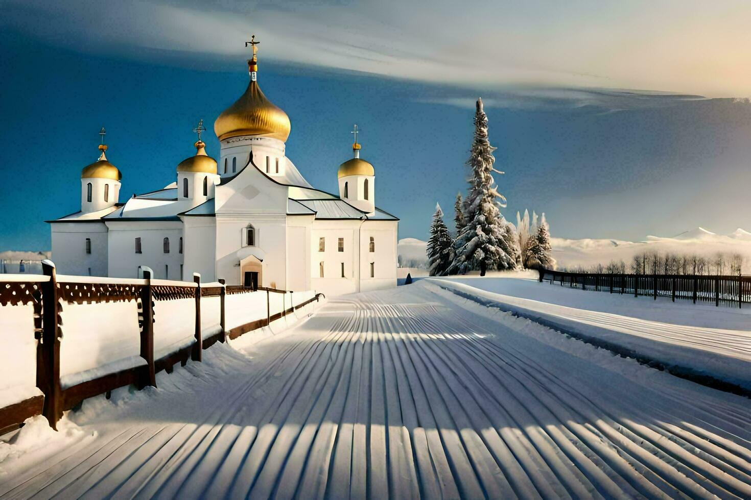ein schneebedeckt Straße führt zu ein Kirche mit golden Kuppeln. KI-generiert foto
