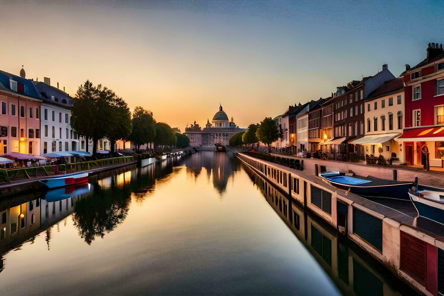 ein Kanal im das Mitte von ein Stadt beim Sonnenuntergang. KI-generiert foto