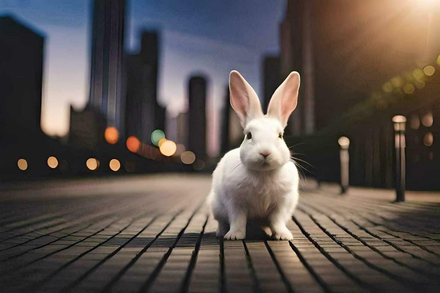 Weiß Hase auf das Straße. KI-generiert foto