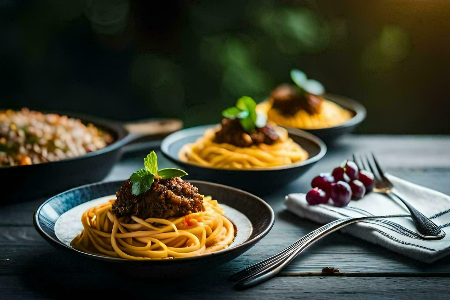 Spaghetti mit Fleischklößchen und Trauben auf ein hölzern Tisch. KI-generiert foto