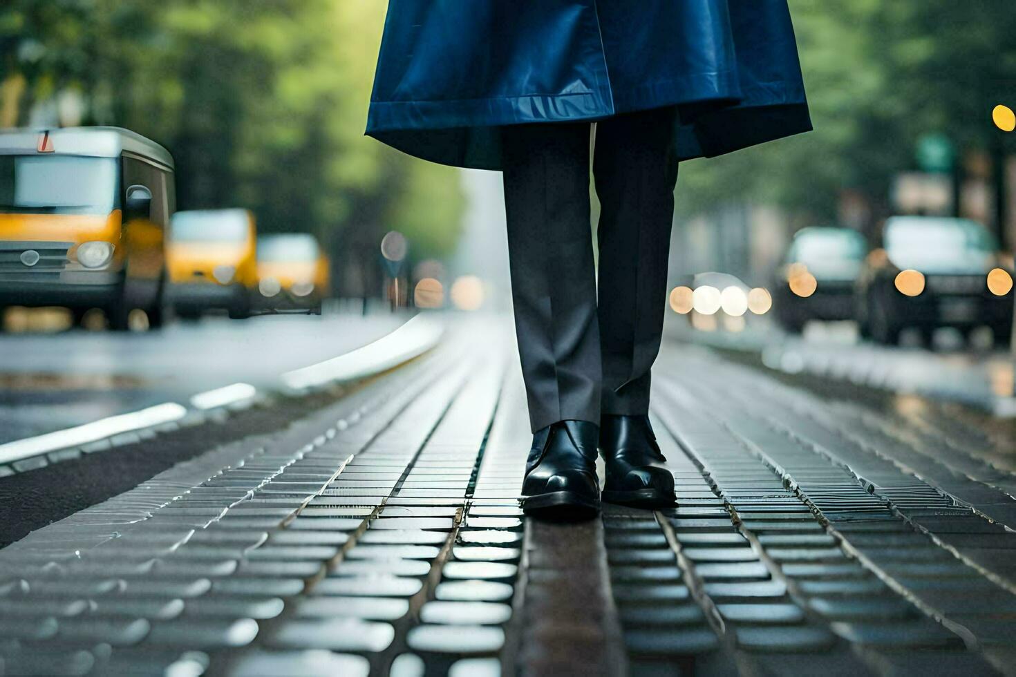 ein Person im ein Blau Mantel Stehen auf ein Backstein Gehweg. KI-generiert foto