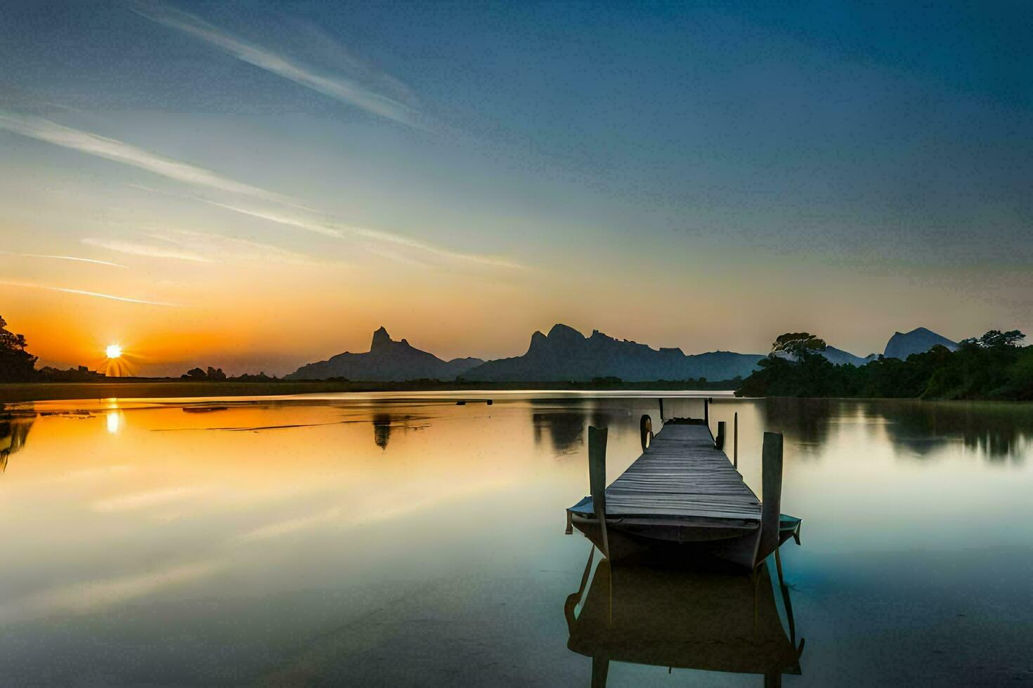 ein hölzern Dock im das Mitte von ein See beim Sonnenuntergang. KI-generiert foto