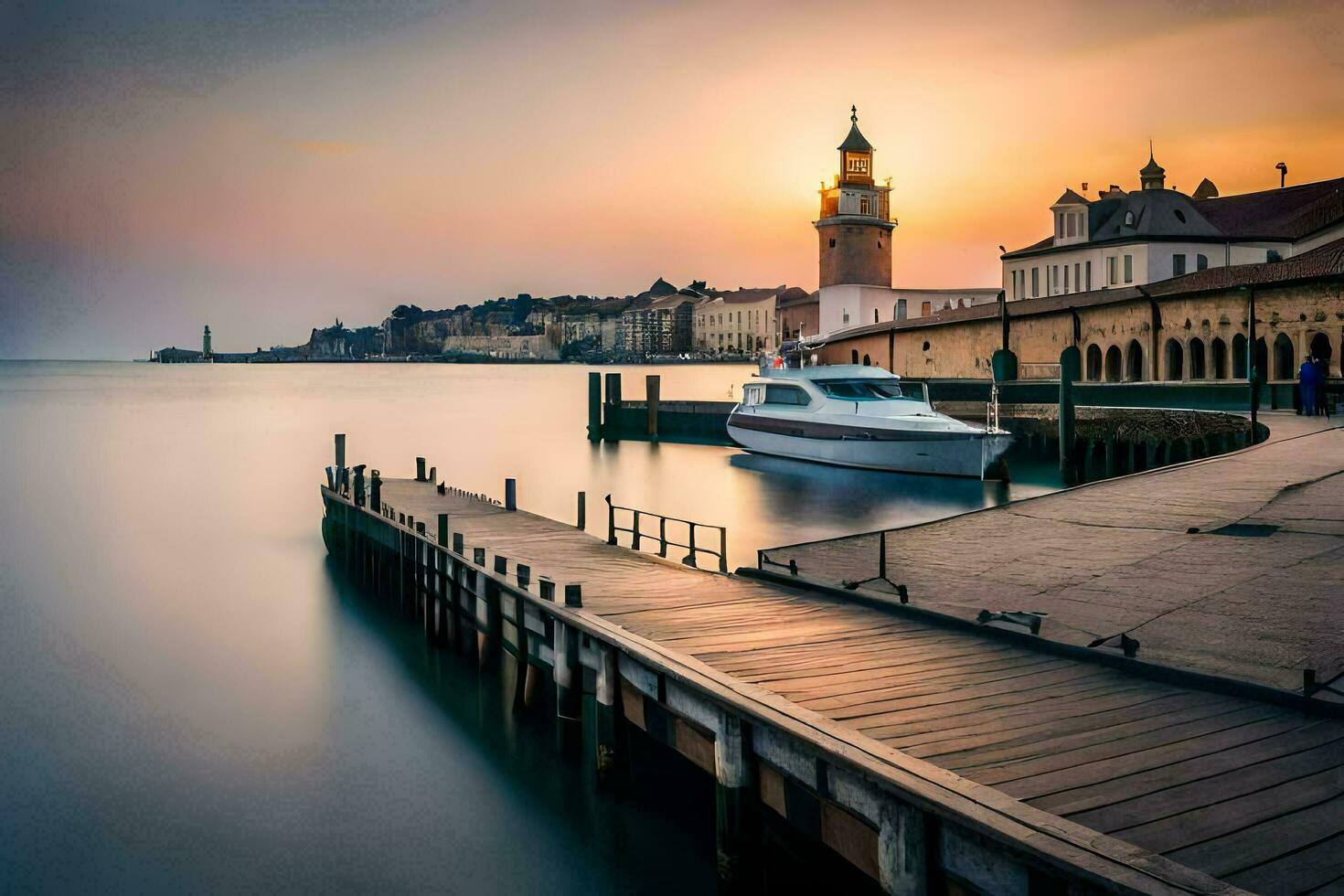 ein Boot angedockt beim das Seebrücke im Vorderseite von ein Gebäude. KI-generiert foto