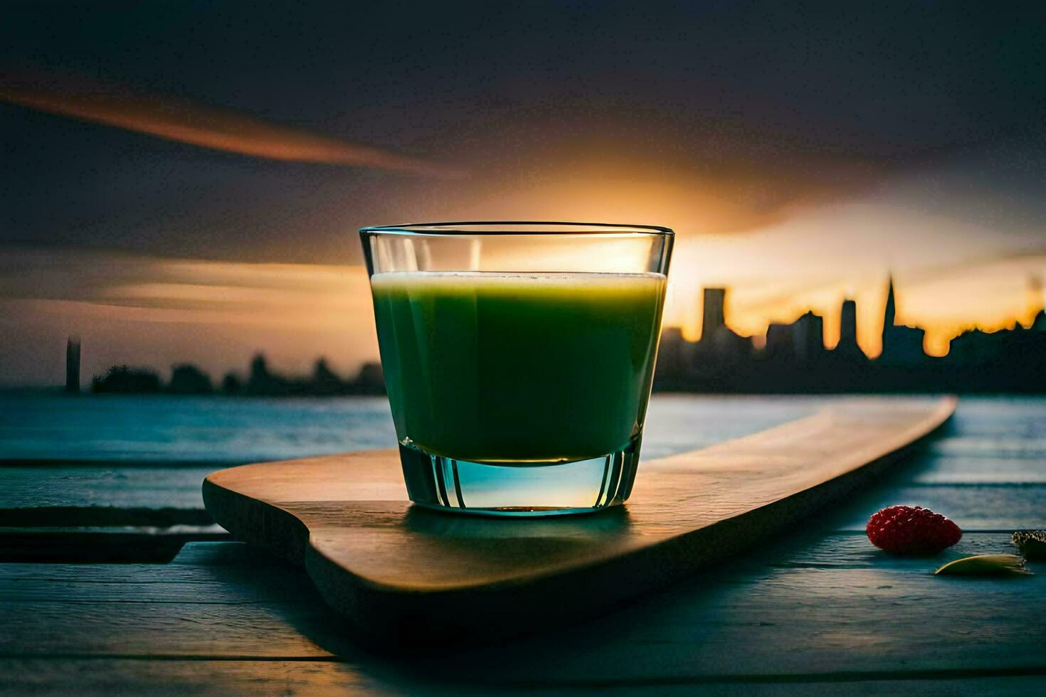 ein Glas von Grün Saft auf ein hölzern Tafel mit ein Stadt Horizont im das Hintergrund. KI-generiert foto