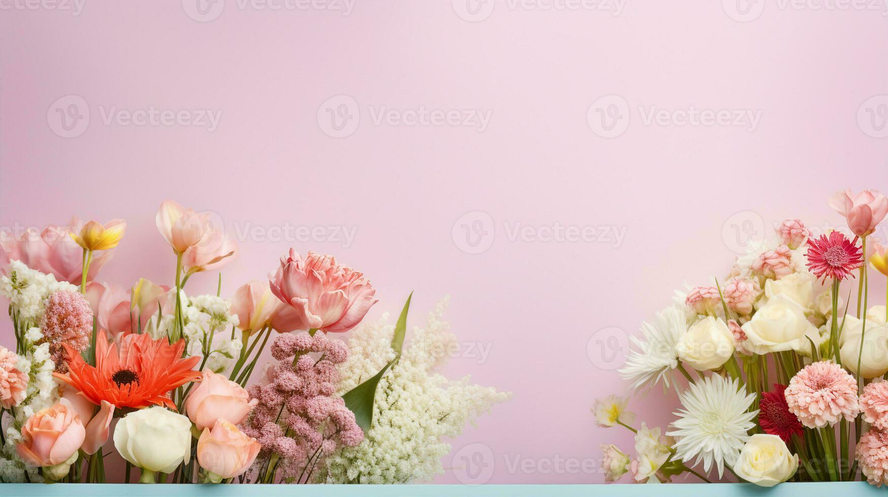 Anzeigen ein Array von frisch Blumen im Blumensträuße und Single Stiele, bestreut mit Tau, einstellen gegen ein Pastell- Hintergrund. generativ ai foto